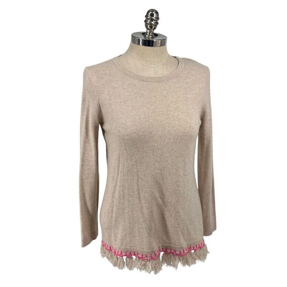 Sail To Sable Sweater Women M Tan Fringe Hem Pullover Soft Cashmere Preppy - Picture 5 of 7